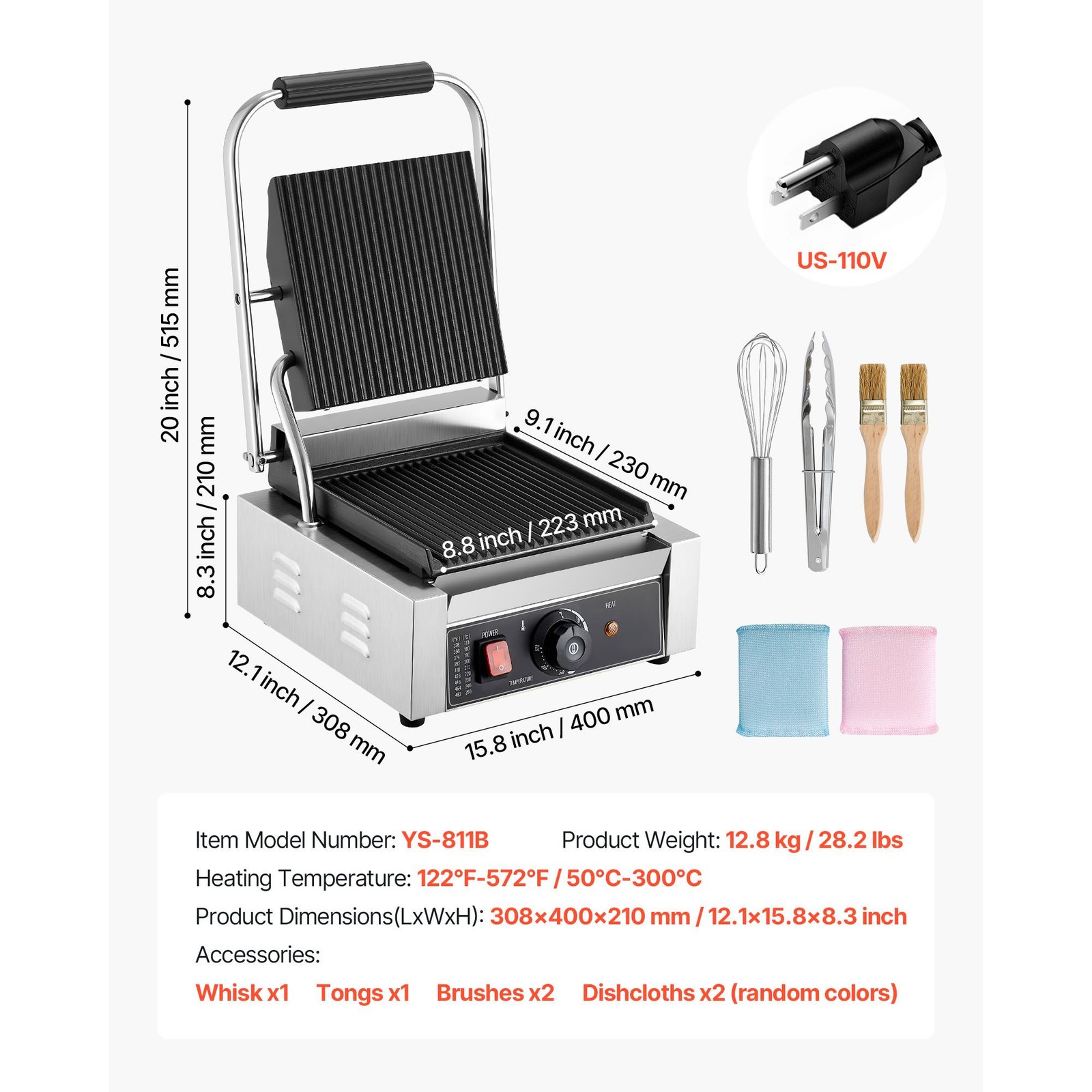 Electric Panini Grill, 1800W Sandwich Maker with Temp Control, Grooved Enamel