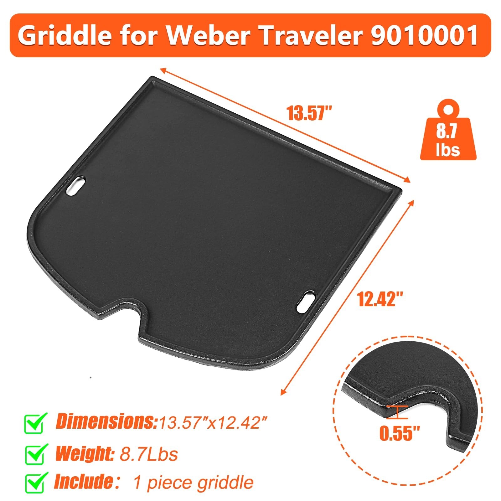 Cast Iron Griddle Plate for Portable Gas Grill – BBQ Cooking Accessory, 13.57×12