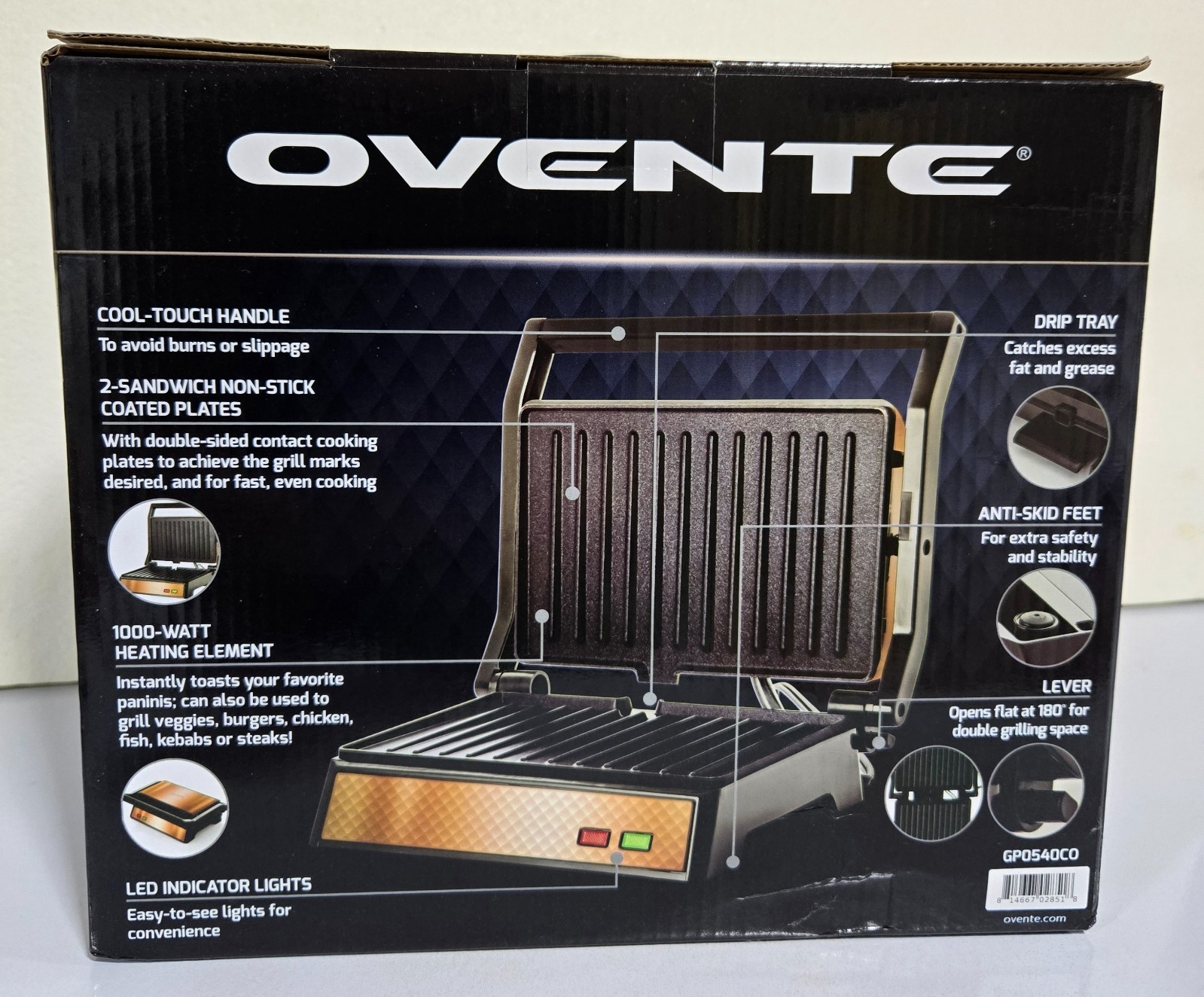 Ovente Electric Panini Press Indoor Grill GP0540C0 Non-Stick Plates 1000 Watts