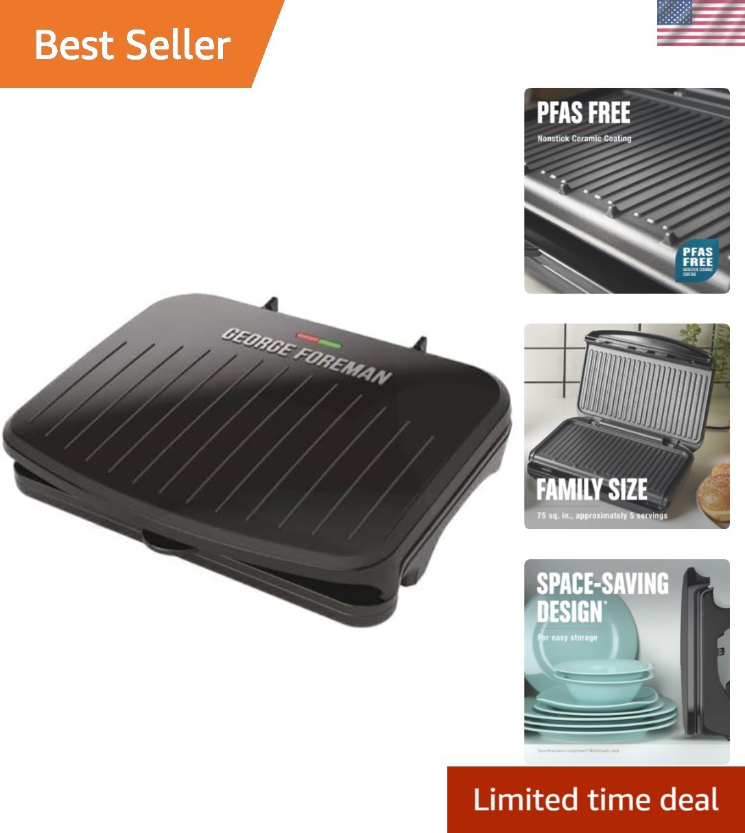 George Foreman Family Grill & Press, Ceramic Nonstick | Pfas-Free Ceramic Grill