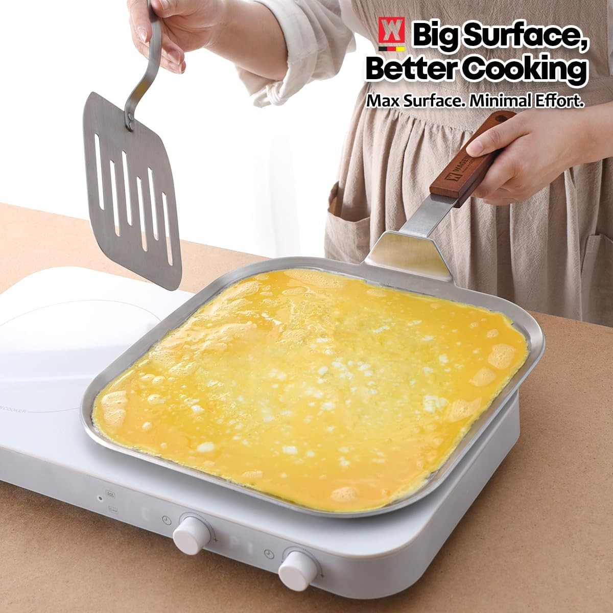 Wagensteiger Stainless Steel Square Griddle Pan/Plate Wooden Handle 3-Ply
