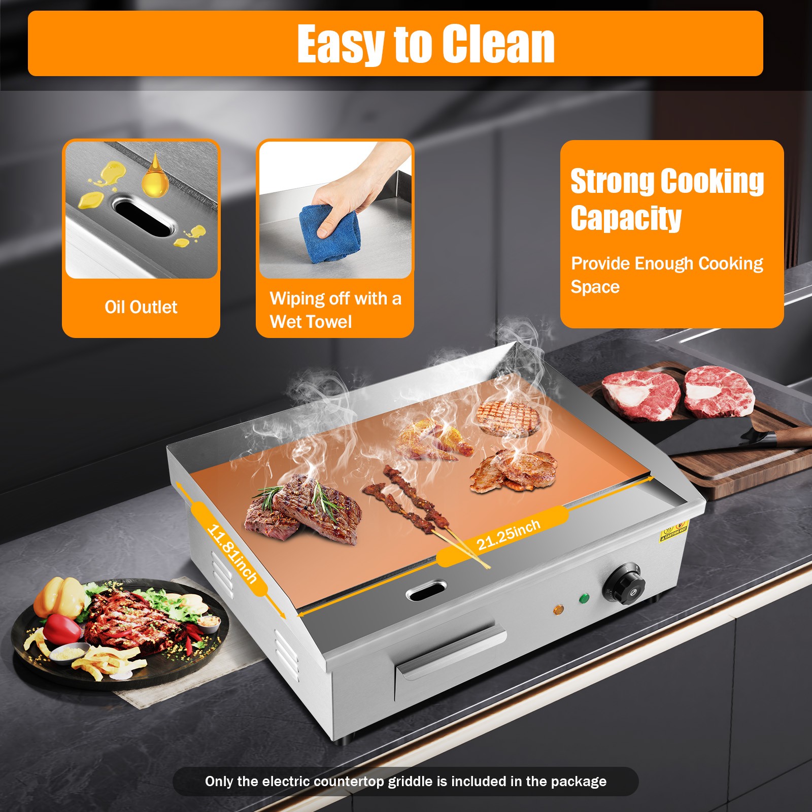 Electric Commercial 3000W Griddle Flat Top Large Plate Cooking Countertop Grill