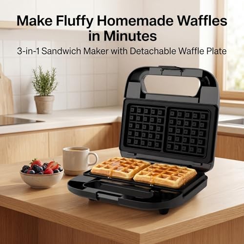 KEINVE 3-in-1 Sandwich Waffle Maker & Panini Press Grill 800W Electric Black