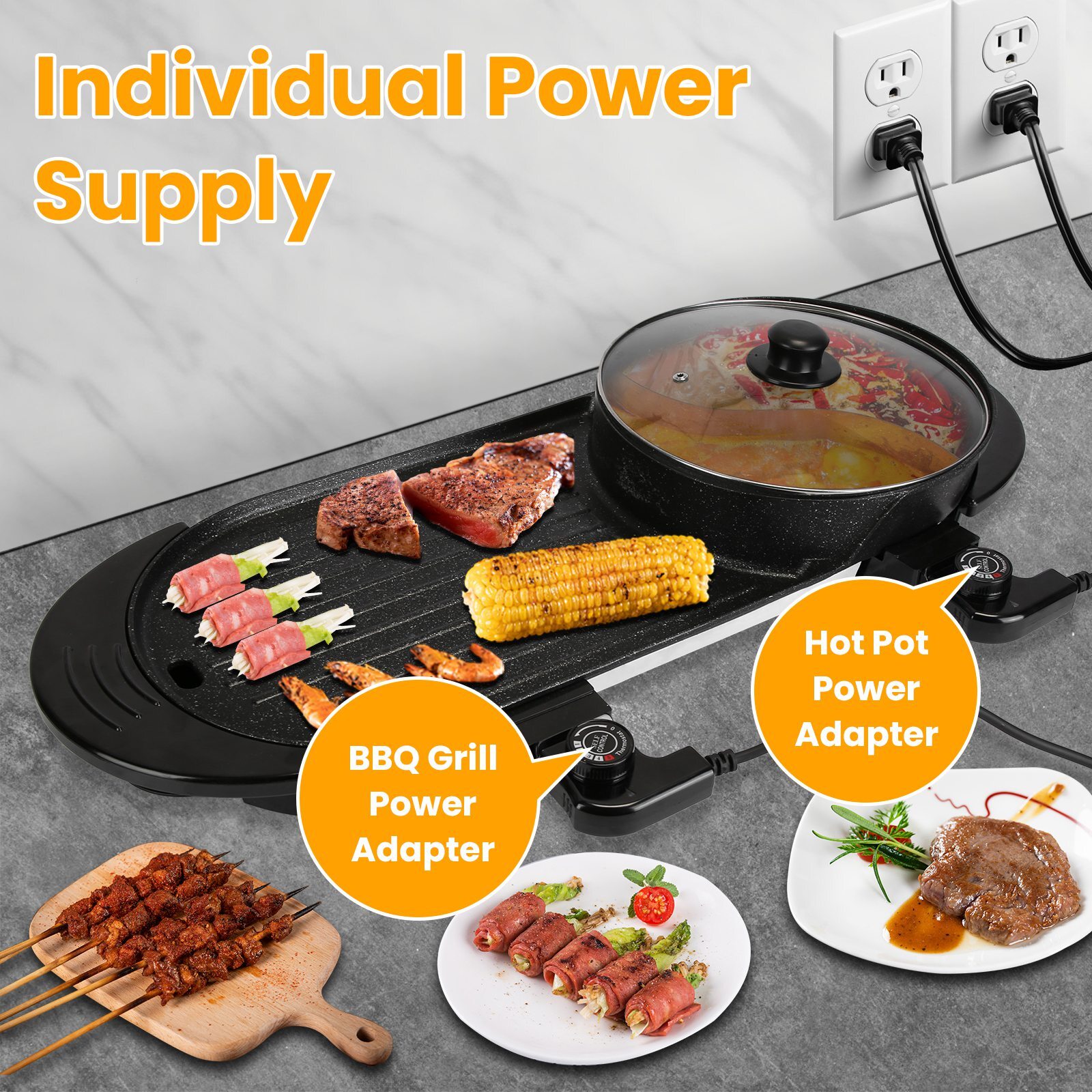2200W Electric Hot Pot & BBQ Grill Cooker Non-Stick BBQ Grill for Party Camping