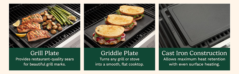 Reversible Cast Iron Grill/Griddle Plate, 15.75” x 9” Pre-Seasoned Cooking