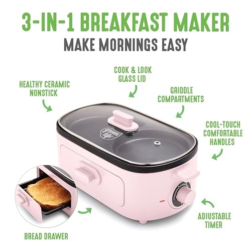 GreenLife 3-in-1 Breakfast Maker Station, Healthy Ceramic Nonstick Dual Gridd…
