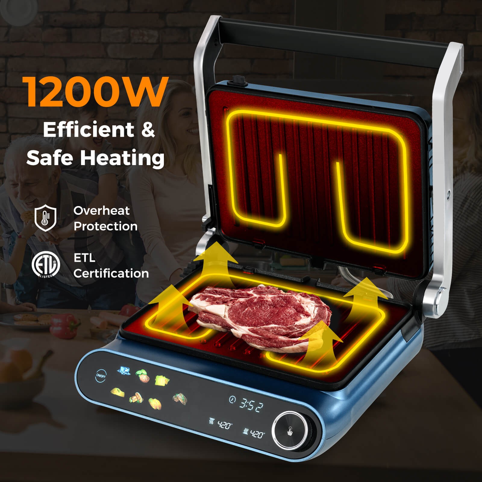 1200W Indoor Panini Electric Contact Grill w/2 Non-Stick Dishwasher-Safe Plates