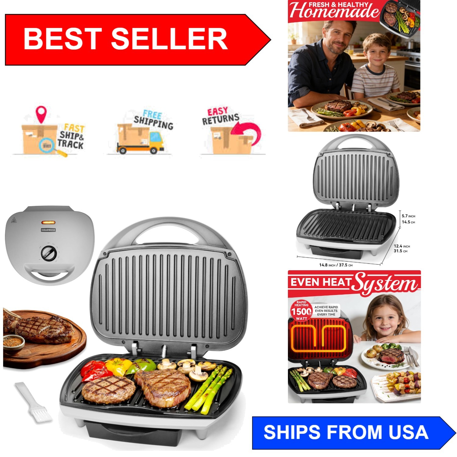 Quick & Versatile 6-Serving Electric Grill with Ceramic Coating – Easy Cleanup