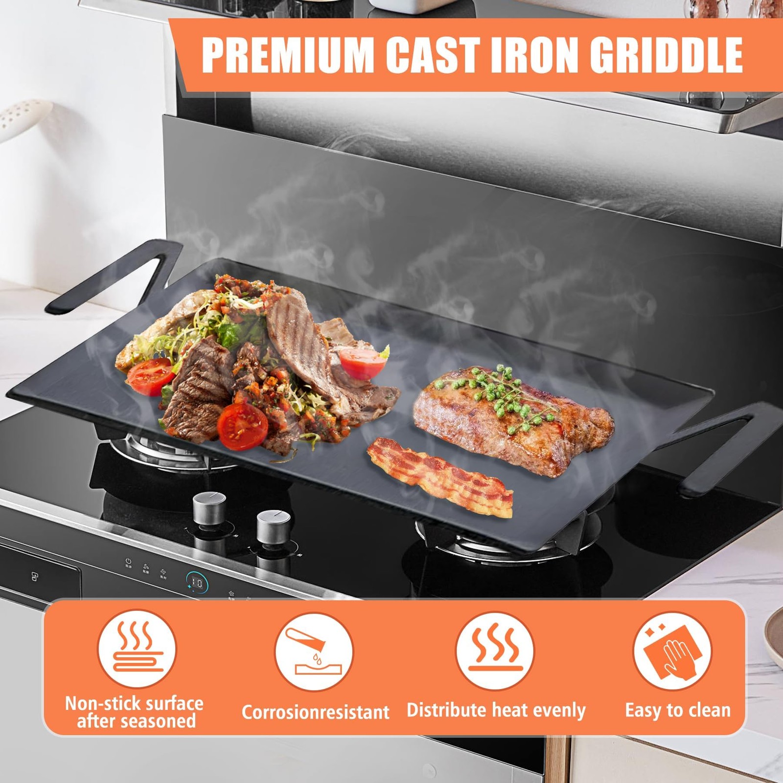 Carbon Steel Griddle 24” Cooking Surface 19.6″ X 10.5″ – Heavy Duty for Double