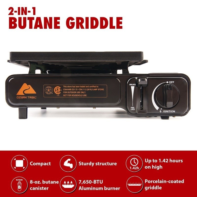 Butane Griddle 7650 BTU 2 in 1 Portable Lightweight Non-Stick Outdoor Cooking US