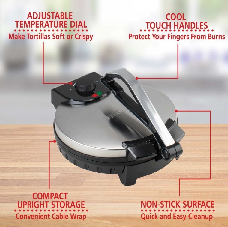 Tortilla Maker 10″ Brentwood Electric Non-Stick Adjustable Temp Stainless Steel