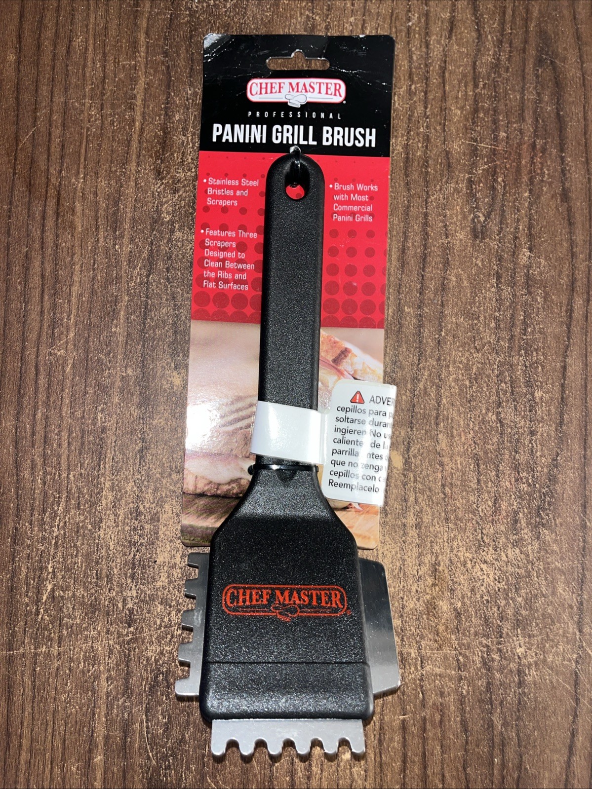 Chef Master Stainless Steel Panini Grill Brush with Scraper with Black Handle –