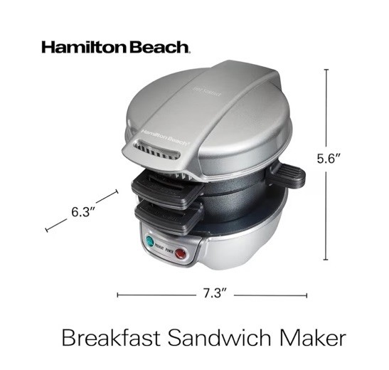 Hamilton Beach Breakfast Sandwich Maker with Egg Cooker Ring Black 600 Watt