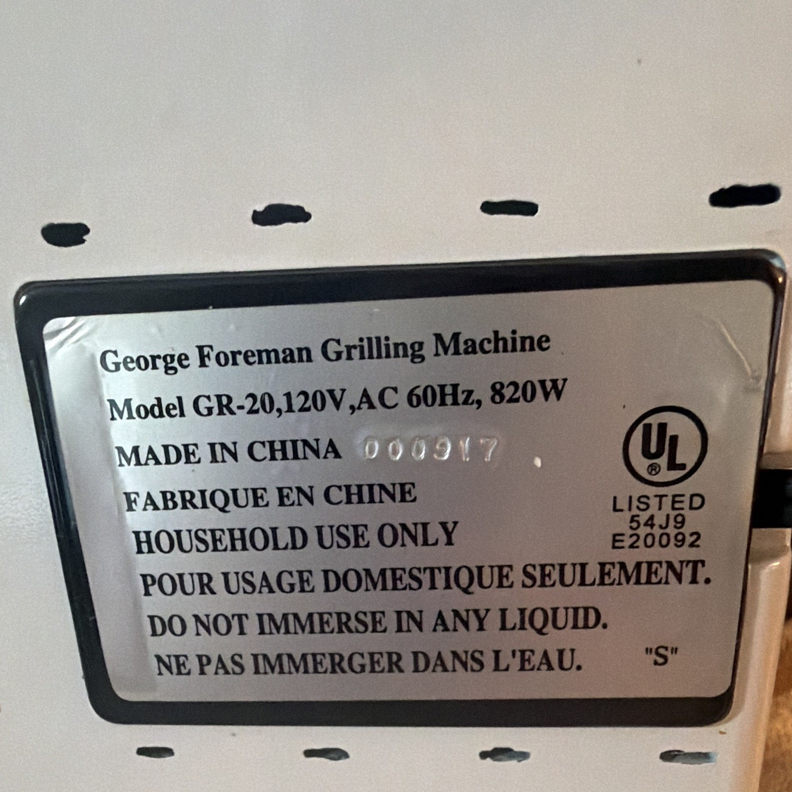 George Foreman GR-20 Electric Contact Grill 820W 120V Non-Stick White