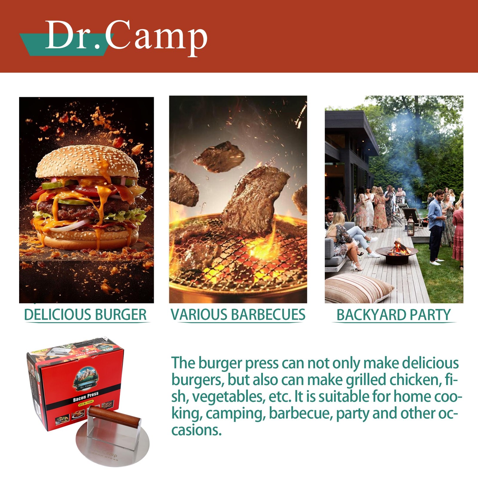 Dr.Camp 7 Inch Stainless Steel Smash Burger Press Smasher Bacon Silver