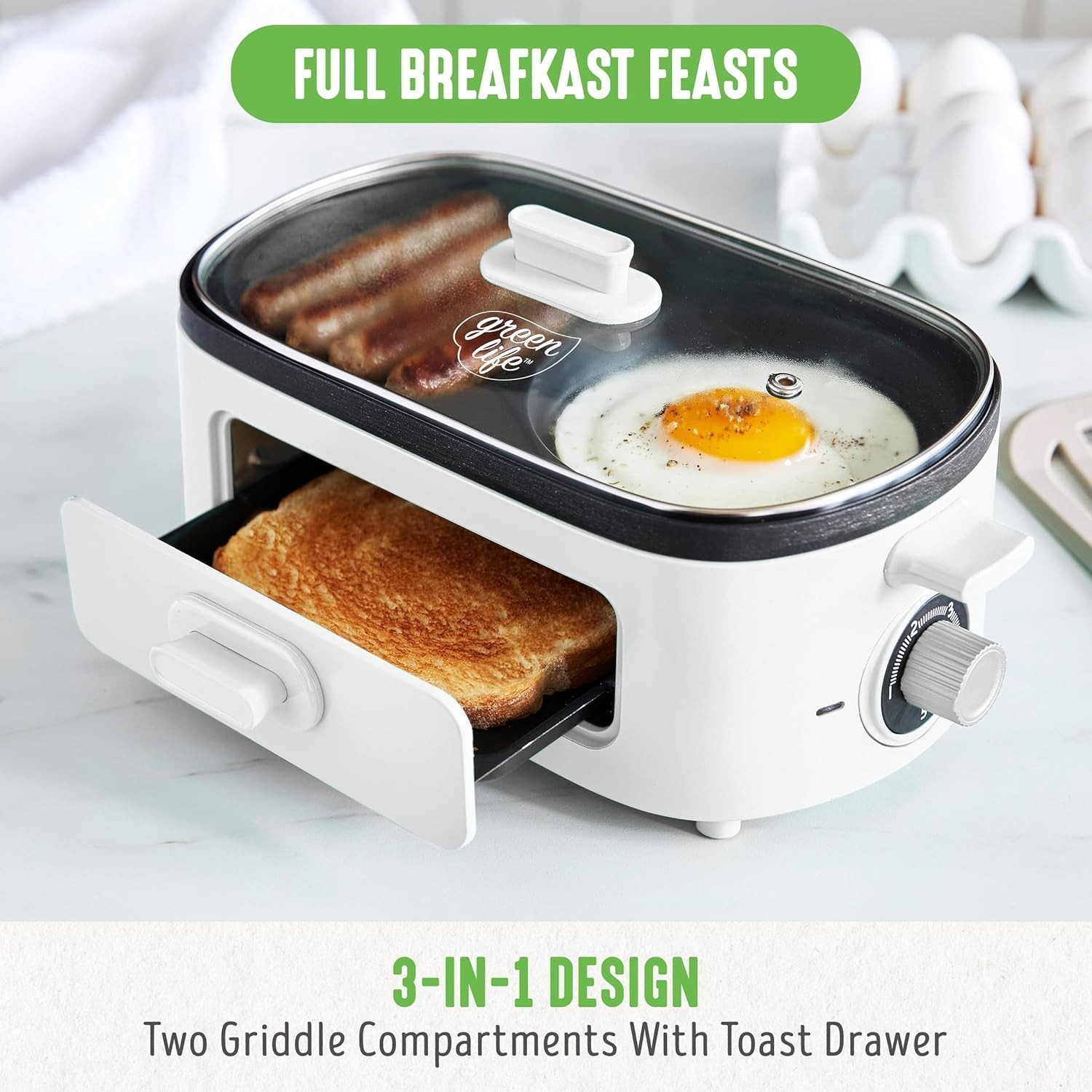 Breakfast Station with Dual Griddles & Toast Drawer, White