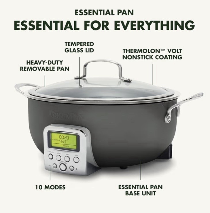 GreenPan Essential Pan Indoor Electric Grill 12in Ceramic Nonstick Glass Lid