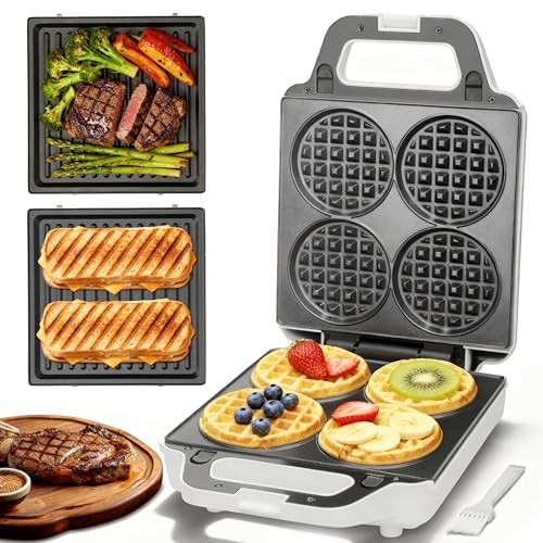 2-in-1 Waffle Maker & Panini Press, Mini Waffles, Sandwich, 1200W, White