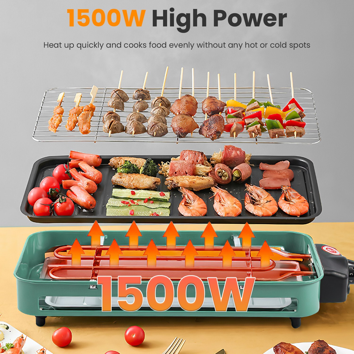 1500W Electric Grill Picnic Grill Net Removable Party Outdoor Plate Dishwasher