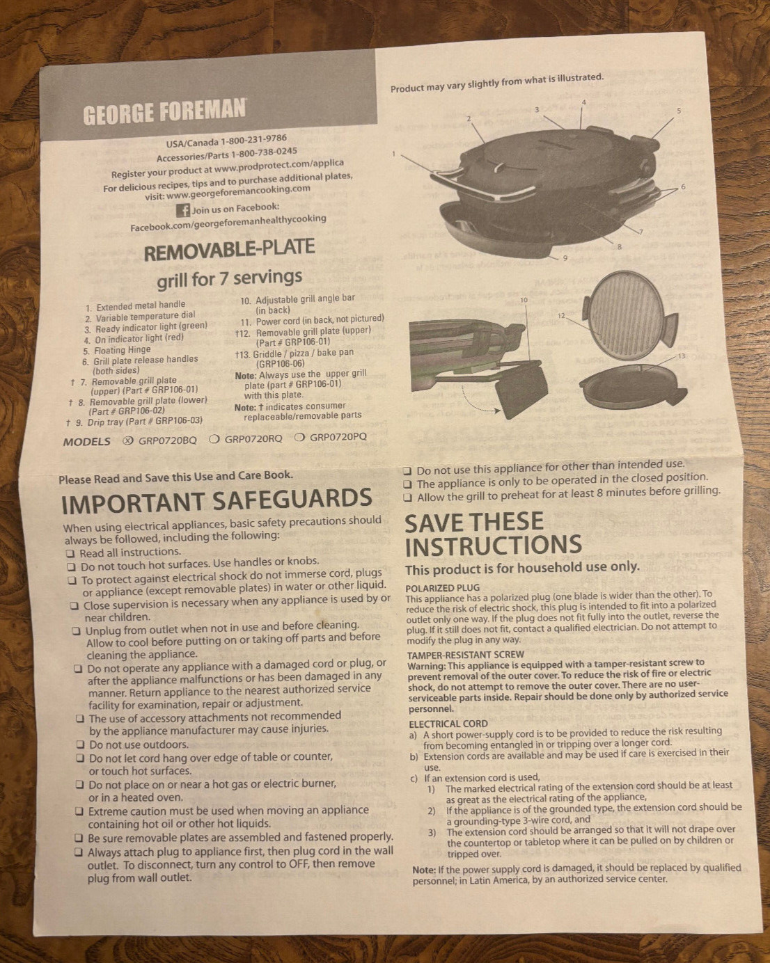 George Foreman Removable-Plate Grill Instructions Use&Care Booklet