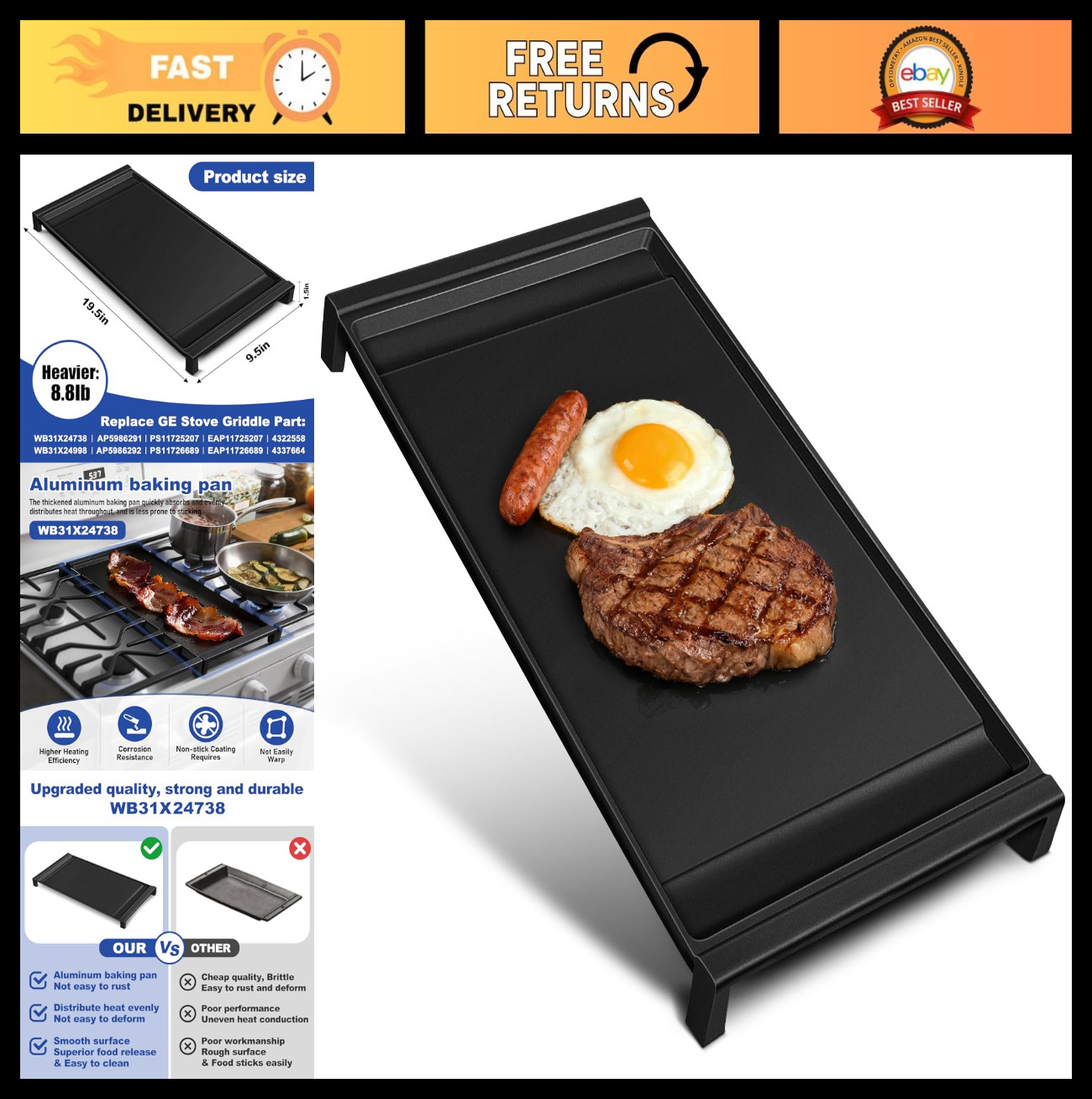 Aluminum Center Griddle Plate for GE Gas Range – Lightweight, Fast Heating, Repl