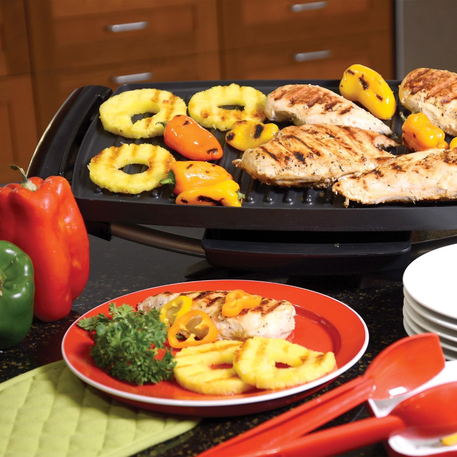 George Foreman 12-Serving Indoor/Outdoor Rectangular Electric Grill, Red, GFO…