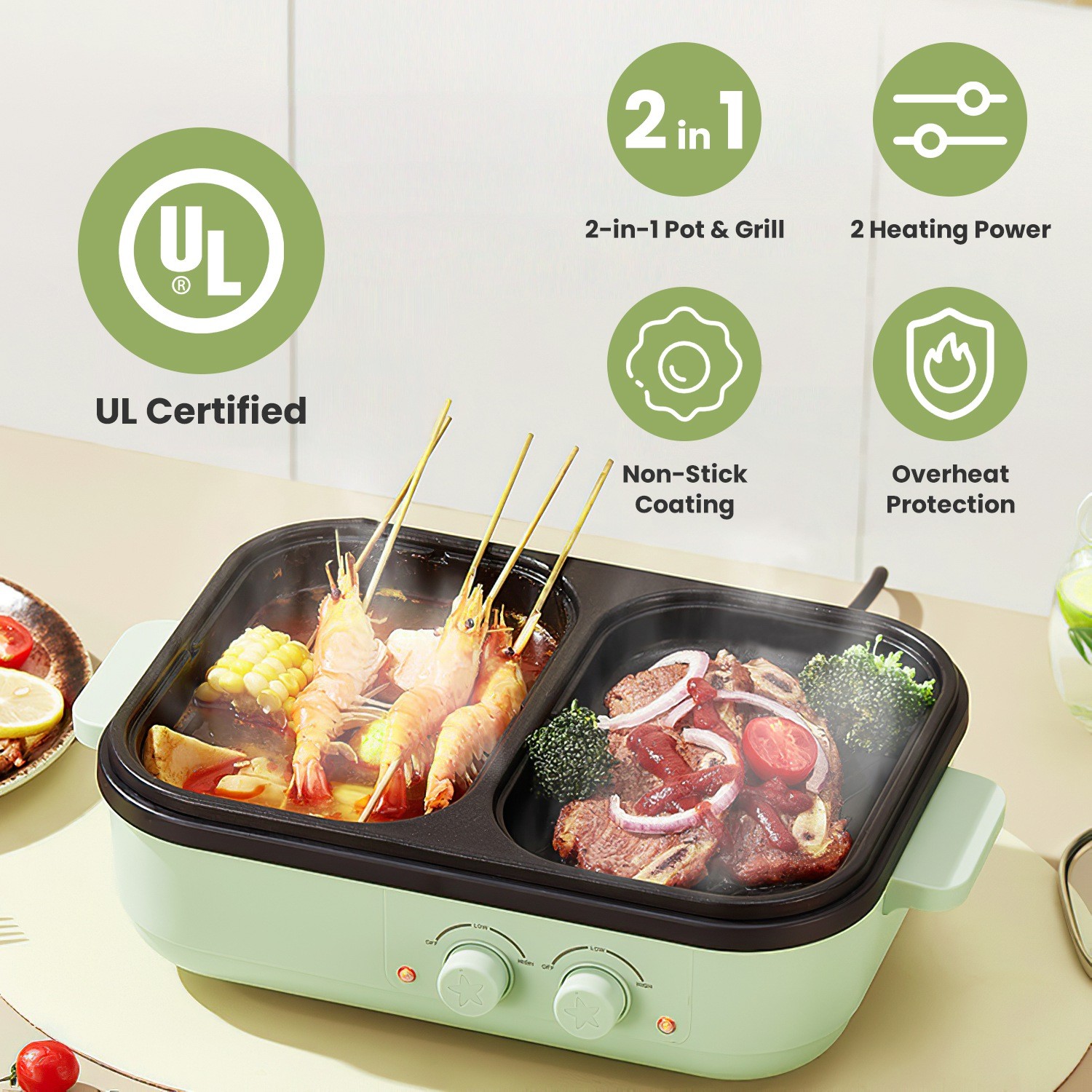 2 in 1 Electric Hot Pot & Pan Portable Non-Stick Pot &Griddle Picnic Cooker Pot