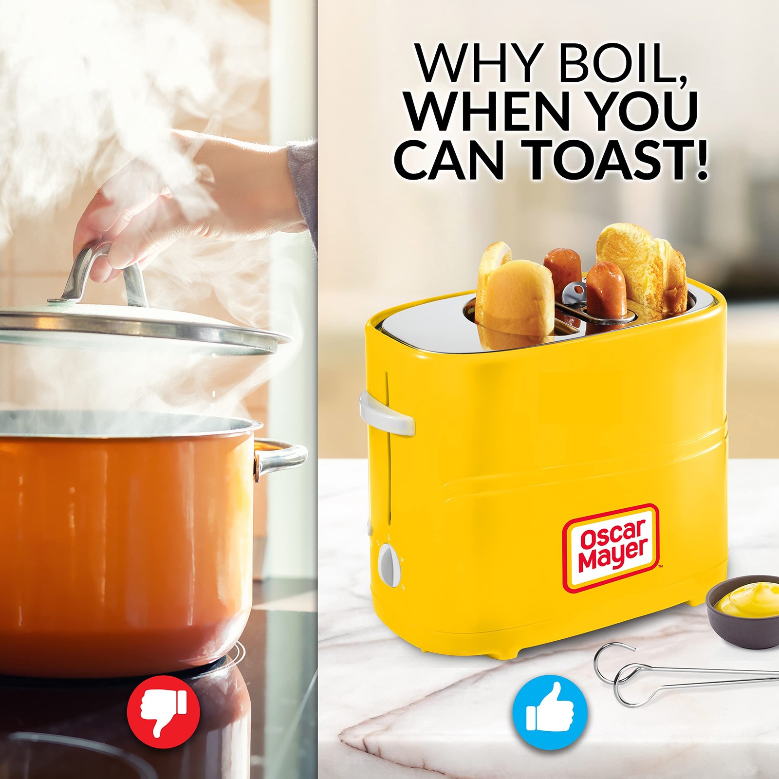 Oscar Mayer 2 Slot Hot Dog and Bun Toaster with Mini Tongs, 2 Slots, Yellow