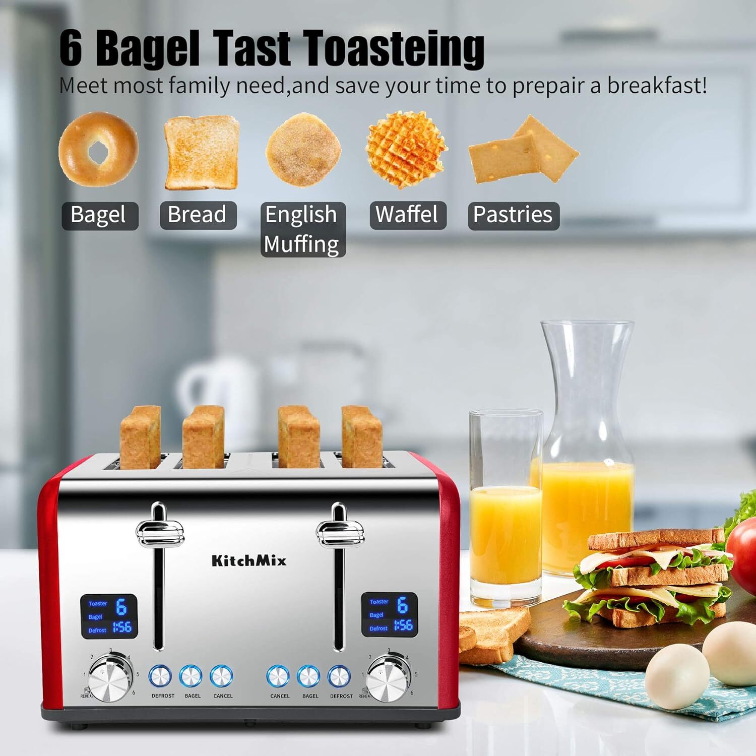 Toaster 4 Slice, KitchMix Bagel Stainless with LCD Timer, Extra Red