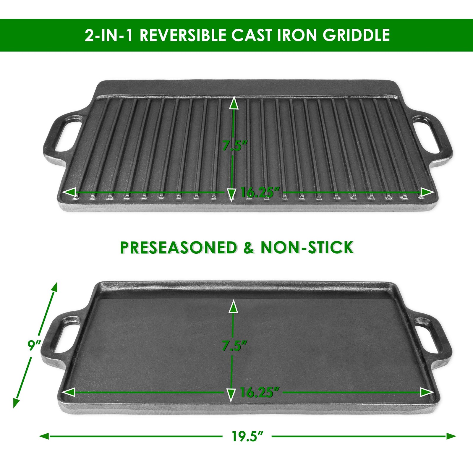ProSource 2-in-1 Reversible 19.5”x9” Cast Iron Griddle Preseasoned w/ Handles
