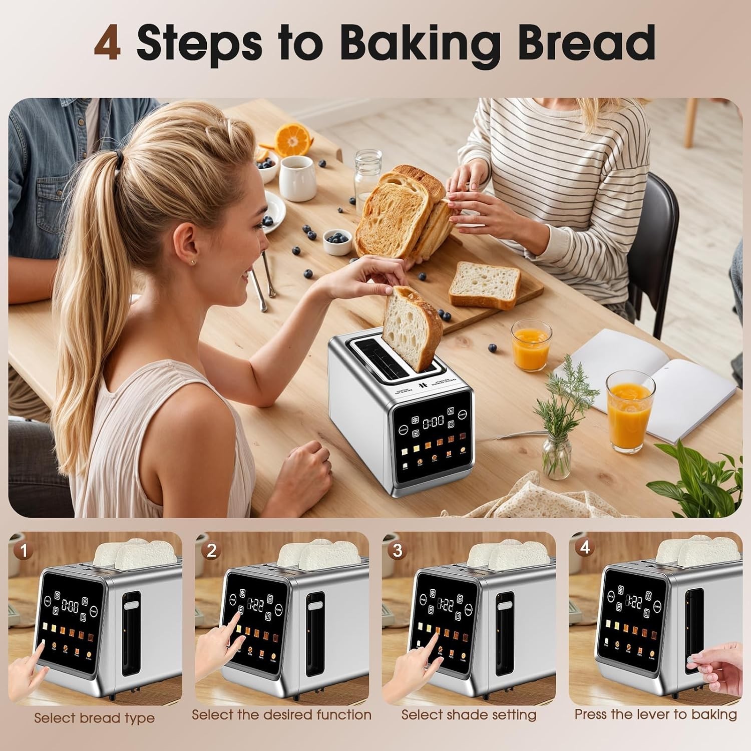 Touch Screen Toaster 2 Slice, Stainless Steel 2 Slots 2 Silver-Black