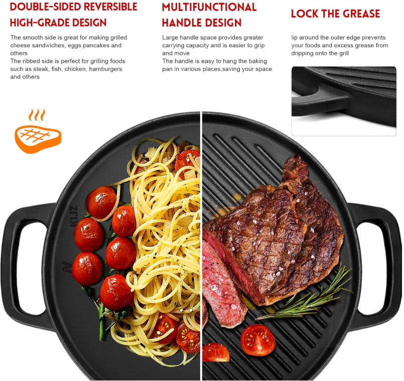 Plancha Reversible Hierro Fundido 12” para Cocina Parrilla Gas y Camping