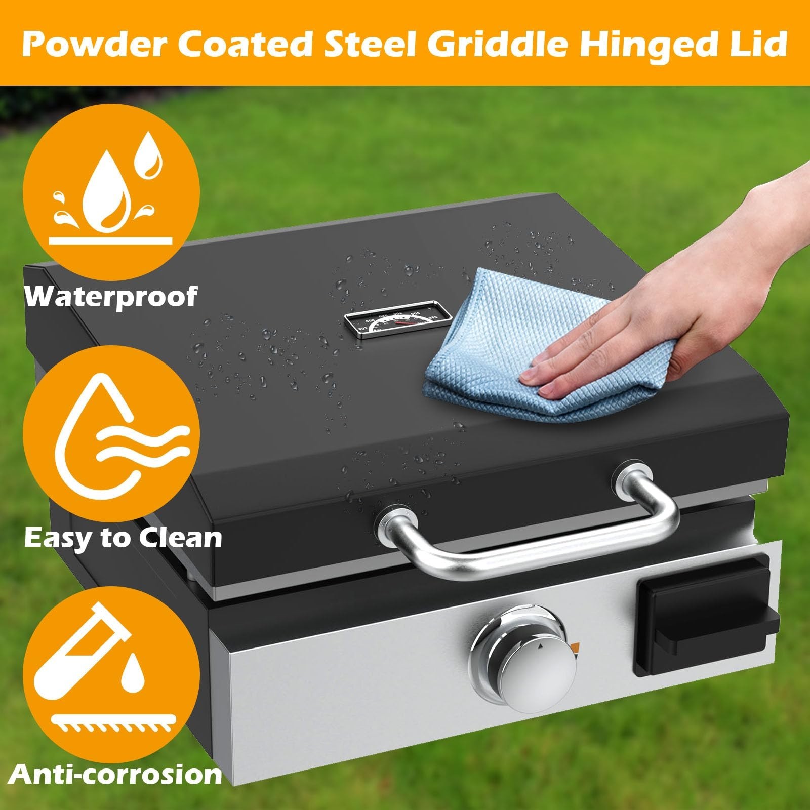 Hinged Lid for 17″ Flat Top Griddle – Black Powder Coated Steel Cover with Temp
