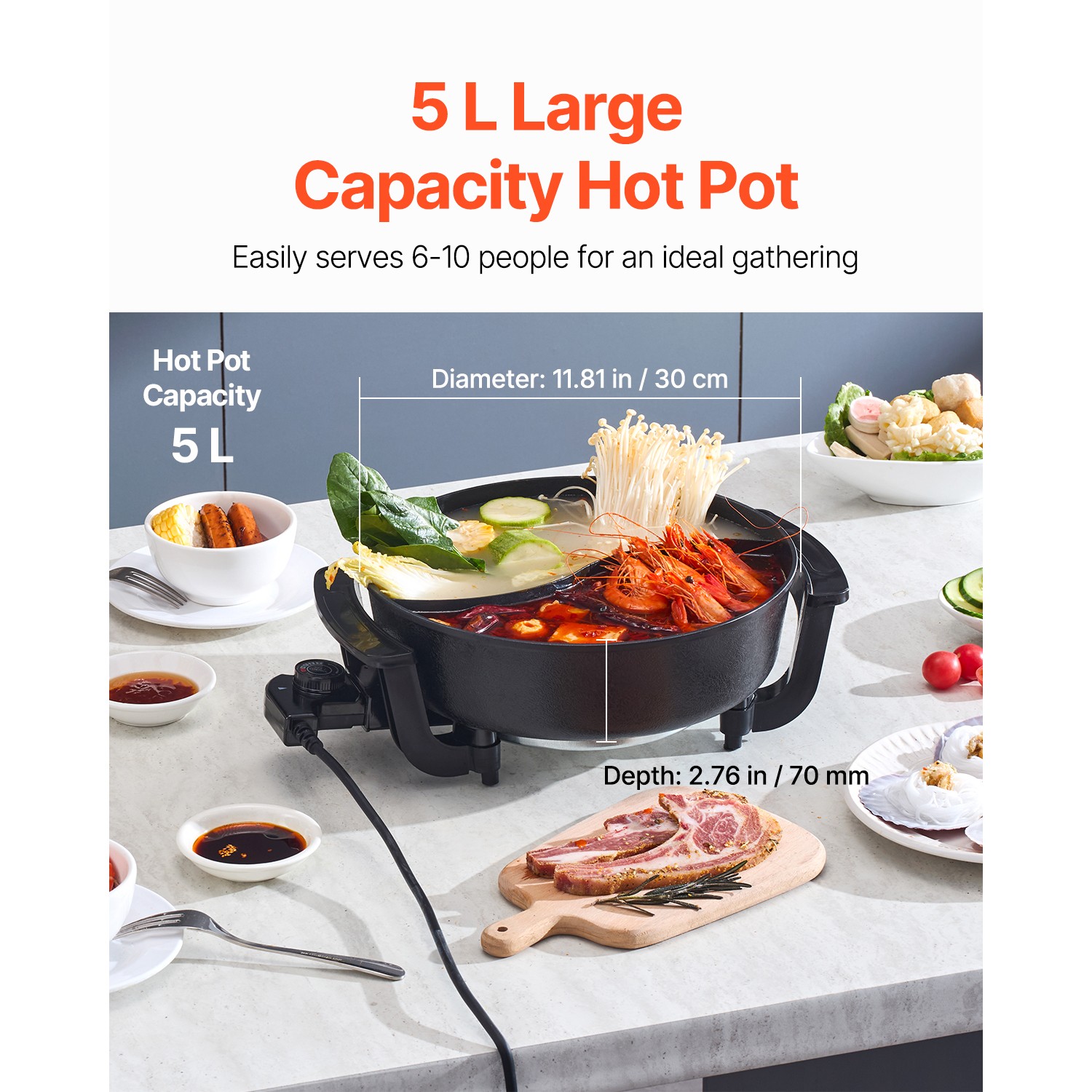 Electric Hot Pot 5 L Non-Stick Shabu-shabu Hot Pot with Divider for 6-10 People