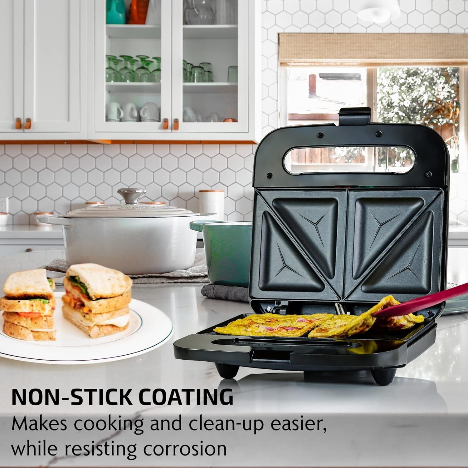 Electric Sandwich Maker with Non-Stick Plates Indicator Lights Cool To Touch