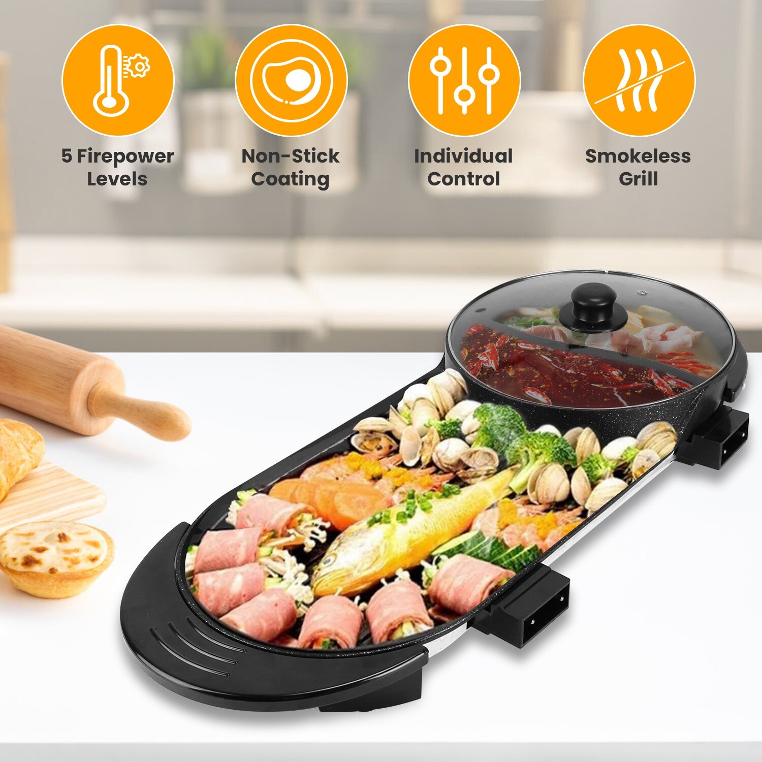 2000W Electric 2 in1 Hot Pot BBQ Grill Hot Pot Oven Smokeless Teppanyaki Grill