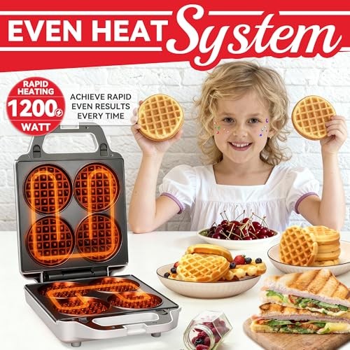 2-in-1 Waffle Maker & Panini Press, Mini Waffles, Sandwich, 1200W, White