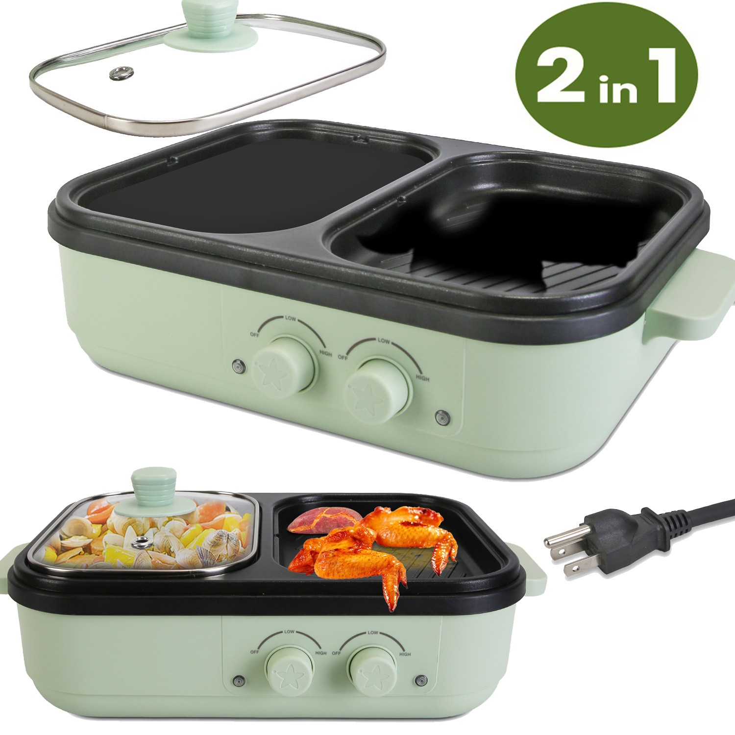 Electric 2in1 Hot Pot Griddle BBQ Grill Hot Pot Oven Non-Stick Frying Pan 1300W