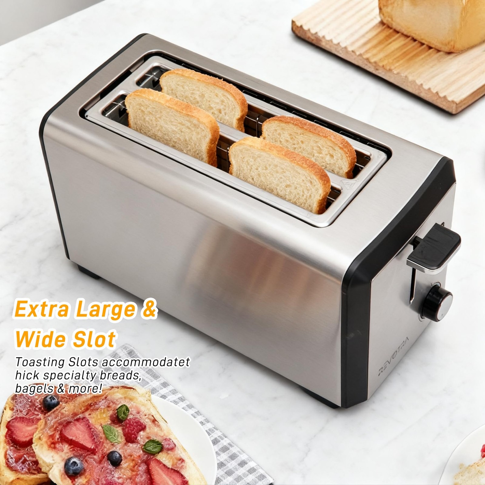 4 Slice Long Slot Stainless Steel Toaster with large, 4 pieces regular style