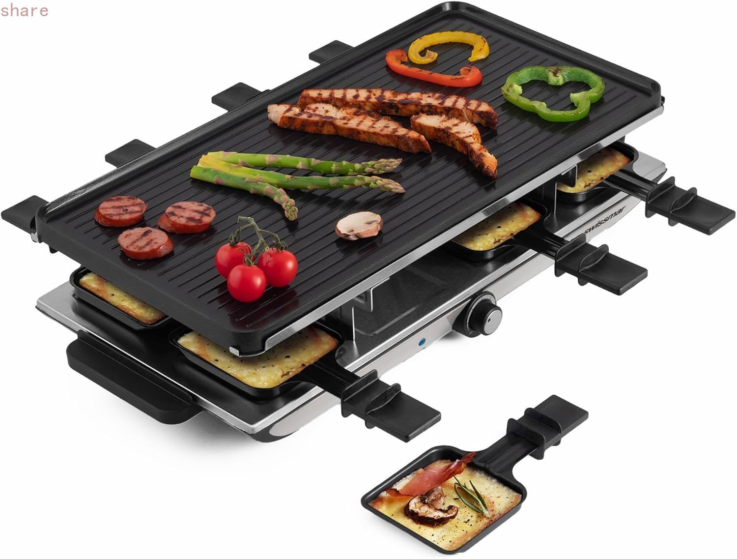 Swissmar Geneva Raclette Grill with Reversible Cast Aluminum Grill Top – 8Person