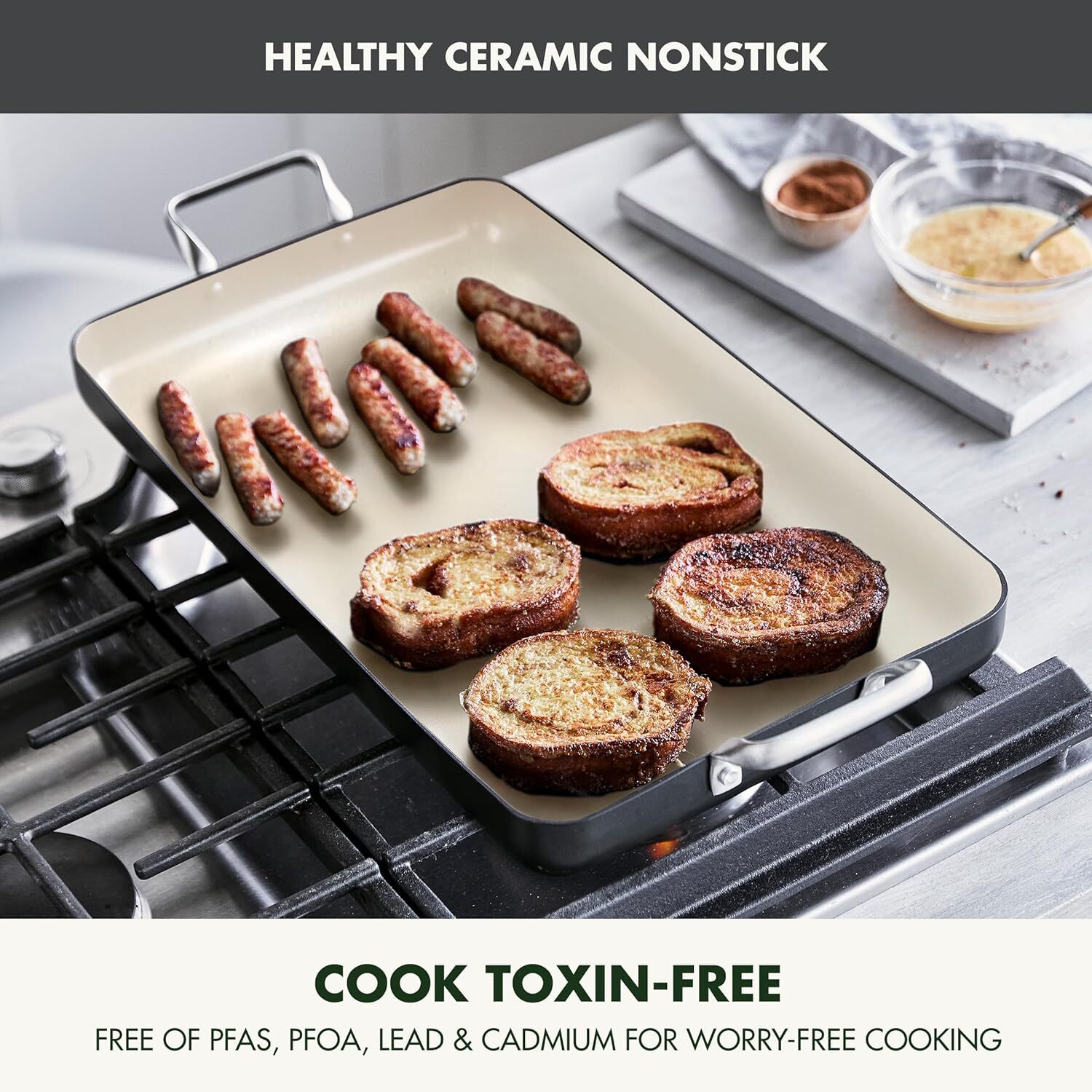 GreenPan 18″ x 11″ Double Burner Griddle Pan, Hard Anodized Healthy Ceram, Black