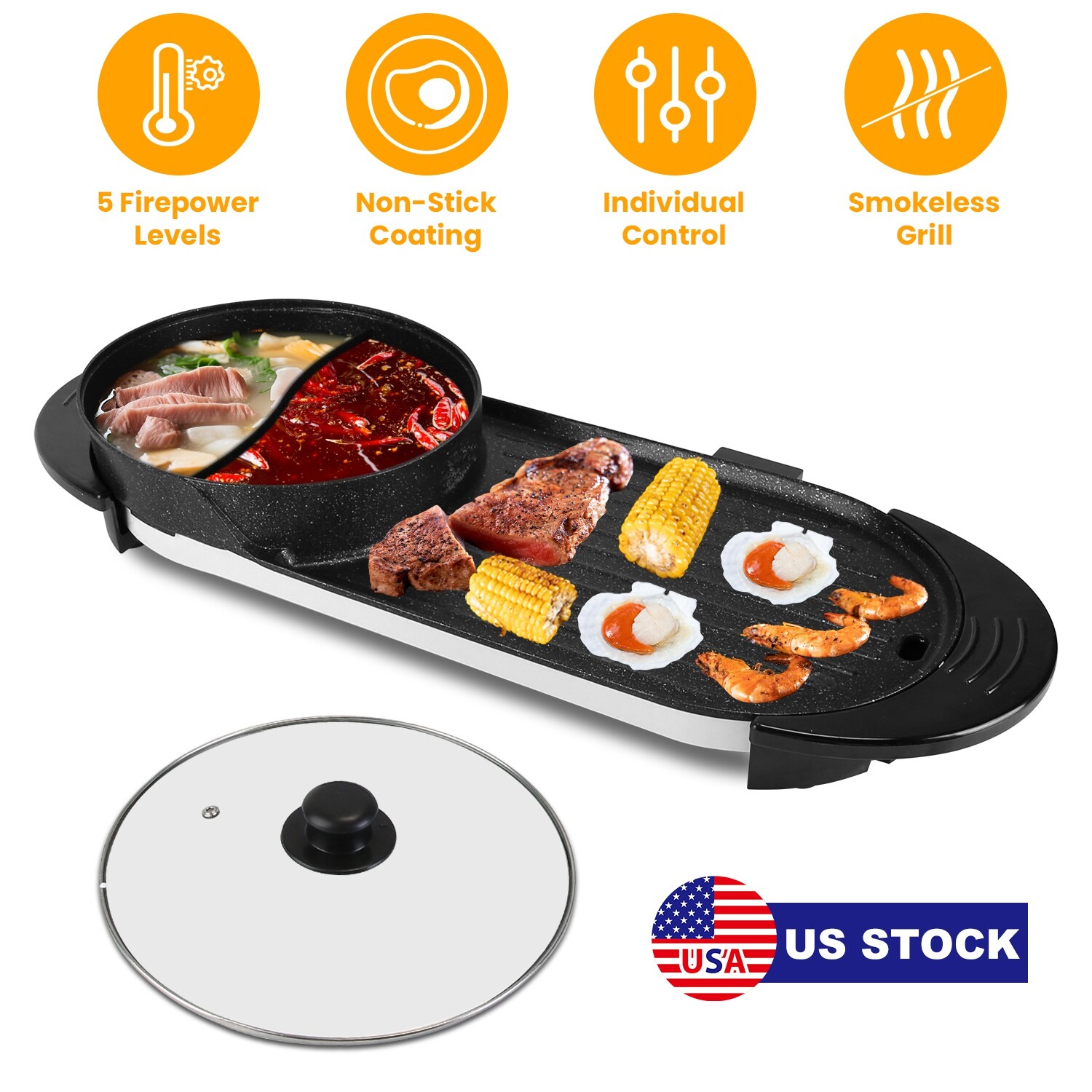 2 in 1 Electric Non-Stick Grill Hot Pot BBQ Grill Soup Shabu Pot Barbecue 2200W