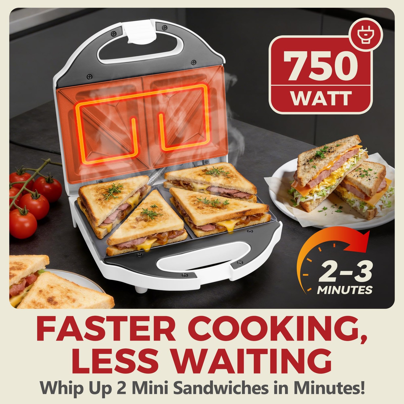 2 Slice Ceramic Breakfast Sandwich Maker Press Grilled Cheese Toaster White C…