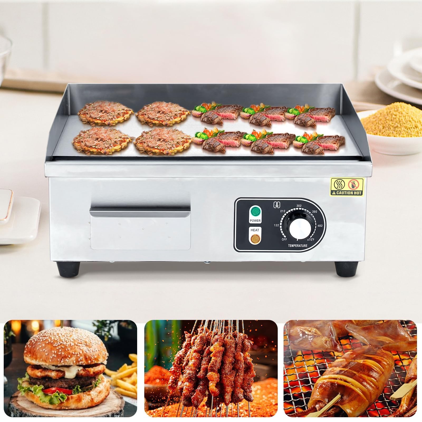 1500W 18″ Stainless Steel Electric Griddle, Adjustable Thermostat, Indoor/Outdoo