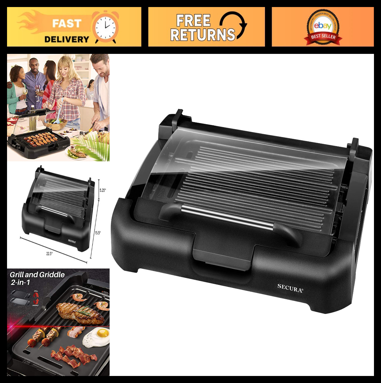 1800W Smokeless Indoor Grill & Electric Griddle, Reversible Plates, Glass Lid, X