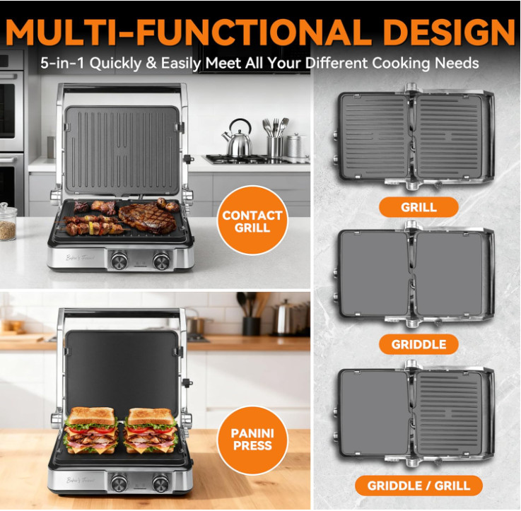 Grill Panini 4 Rebanadas 180° Placas Reversibles Control Temperatura 4en1