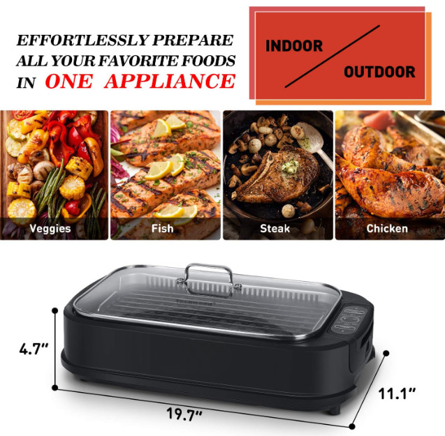 Parrilla eléctrica interior sin humo 1500W con tapa de vidrio y control 6 nivele