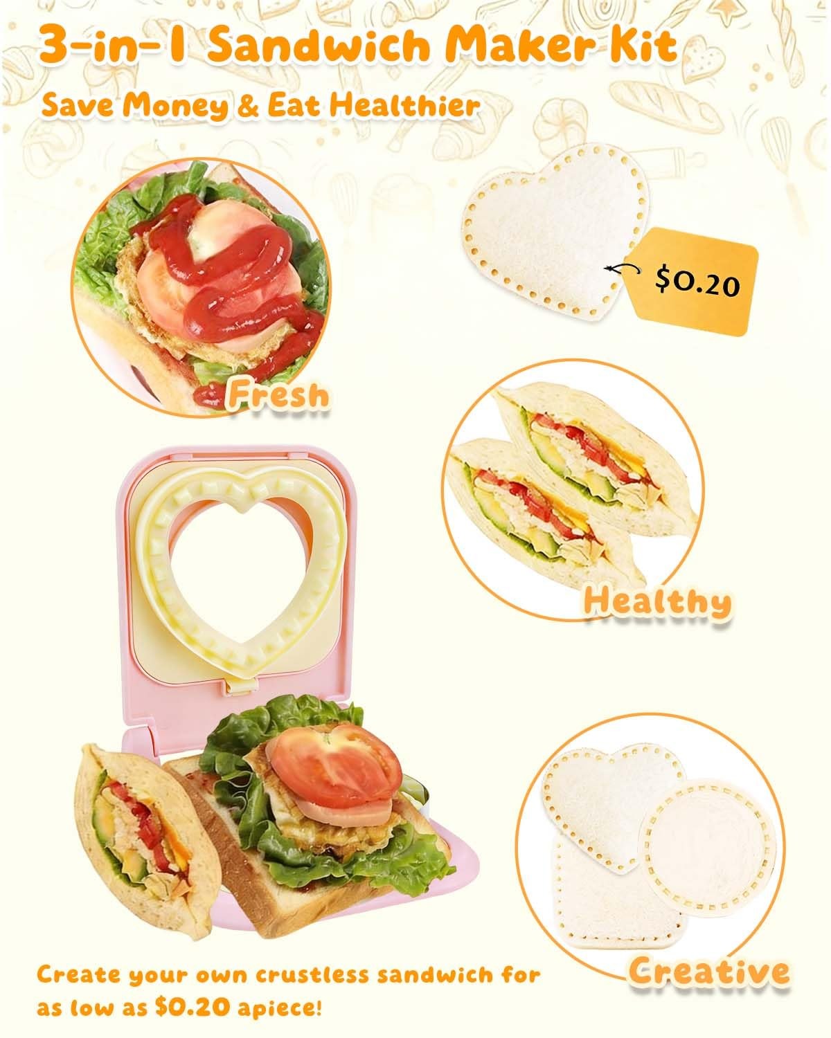 3-in-1 Uncrustable Sandwich Maker – Heart/Circle/Square Crustless Sandwich Cu…