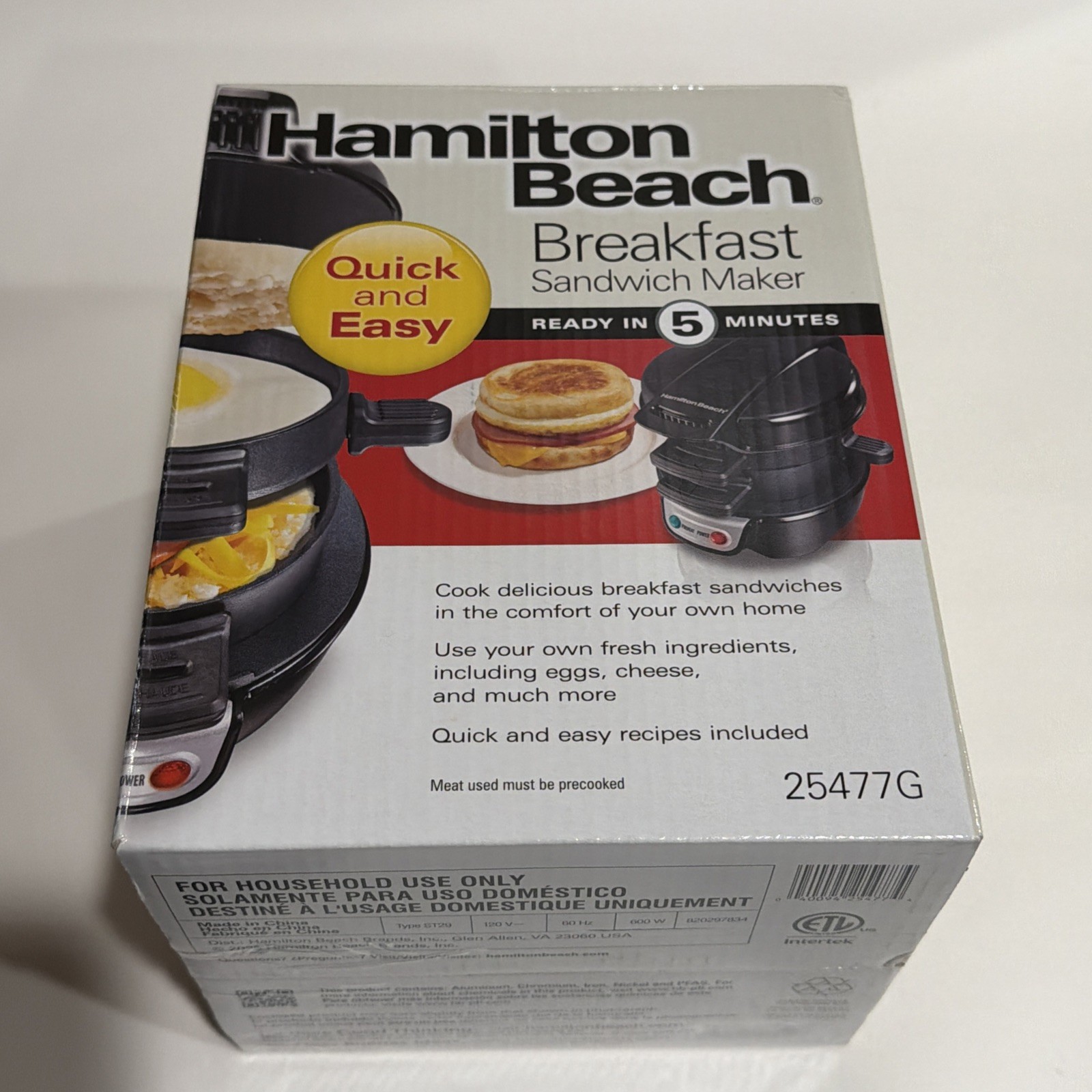 Hamilton Beach Quick & Easy Breakfast Sandwich Maker Black #25477 NEW
