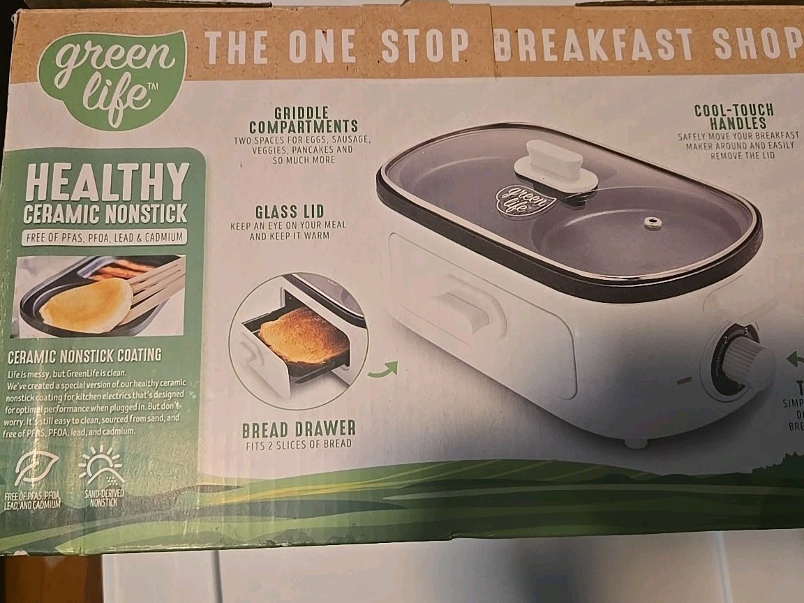 GreenLife 3-in-1 Breakfast Maker Station, Healthy Ceramic Nonstick Dual Gridd…
